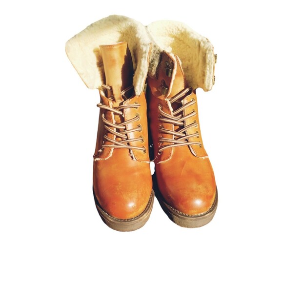 Rouge Helium Boots Women's 8 Chunky Fleece Lined Tie  Up Over Ankle Brown - Picture 8 of 11